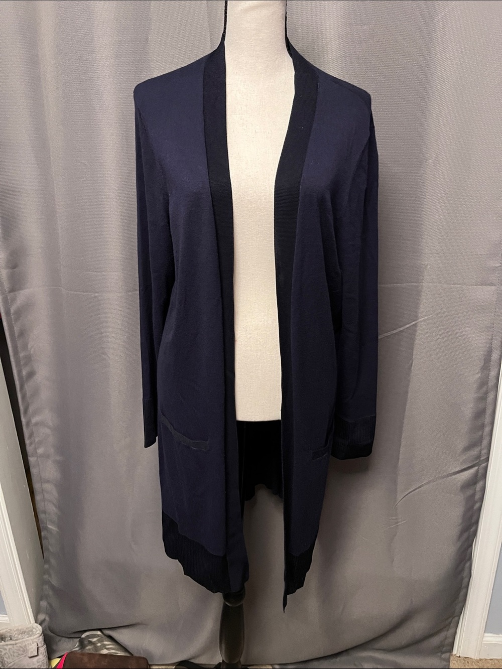 Chico's Navy Open-Front Cardigan with Black Trim